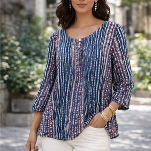 Ralph Lauren Navy and burgundy batik Striped cotton Blouse folksy artsy vibes L